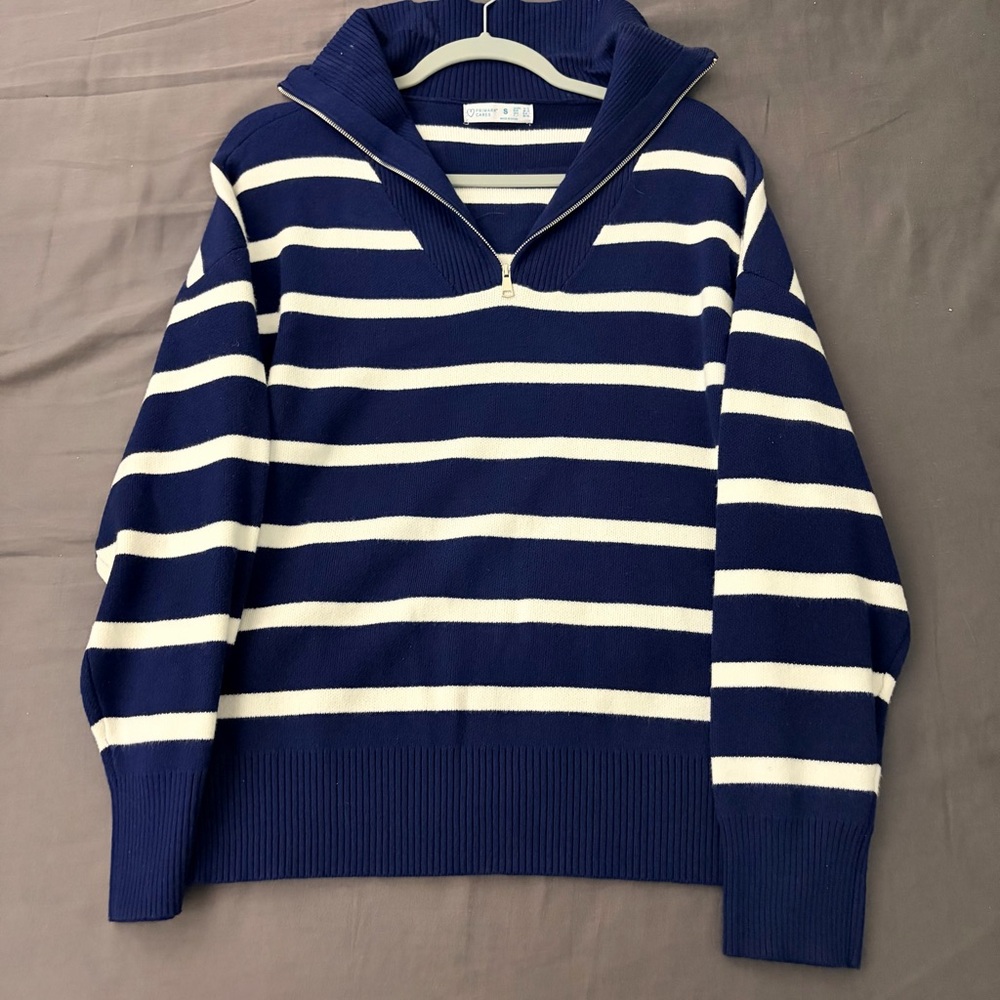 Primark Navy and Cream Striped Zip-Up Sweater